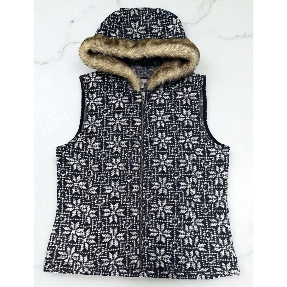 Talbots Fair Isle Sweater PL Vest Faux Fur Hood Zip Up Winter Nordic Pattern